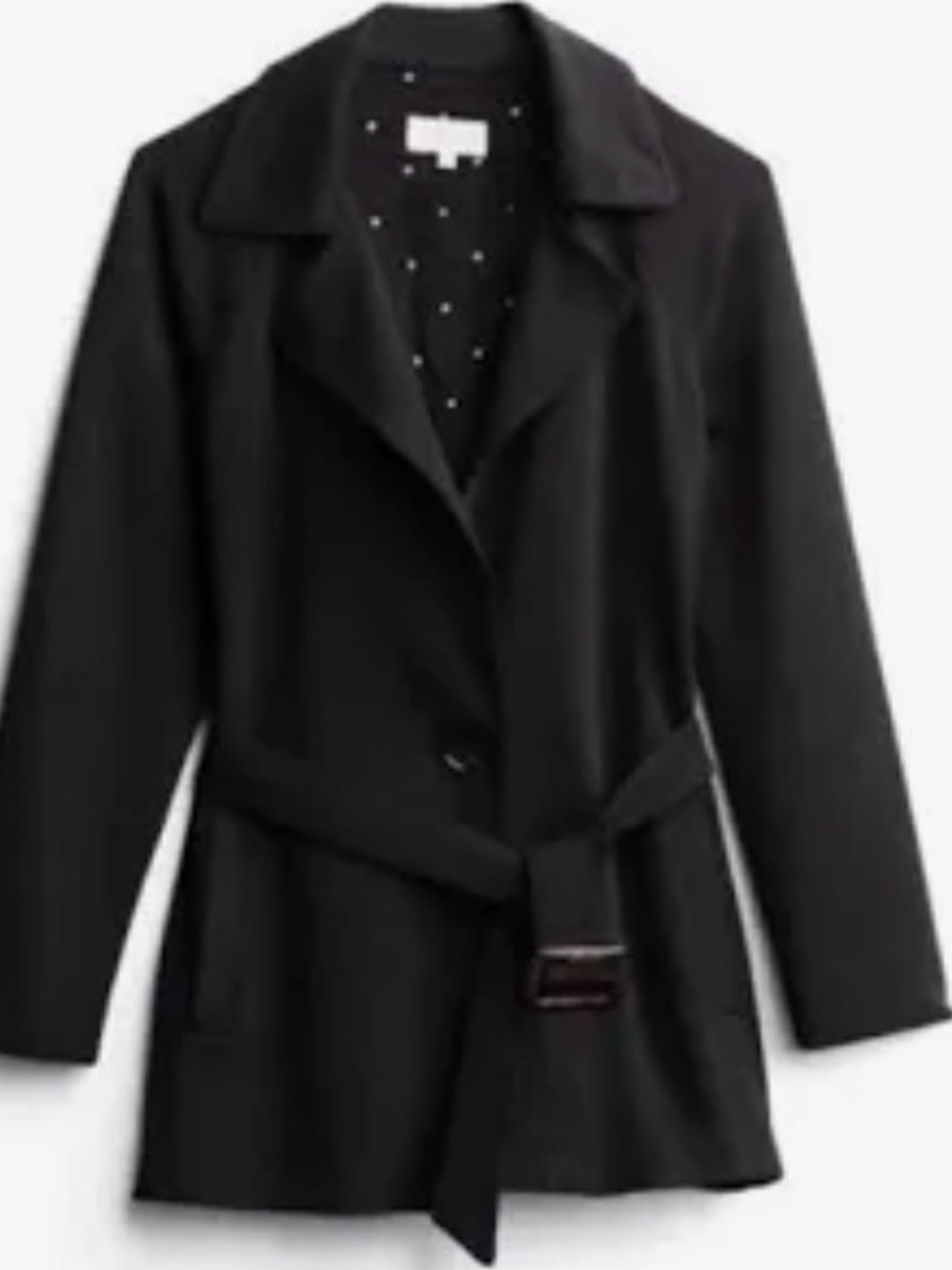 Skies Are Blue Black trench style belted jacket polka dot inside accents small